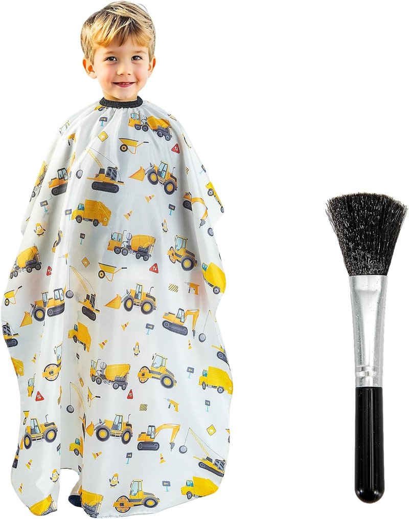 Kids Haircut Cape Set - Construction Site Pattern Barber Cape & Neck Duster Brush | 55x40 Inches for Boys & Girls