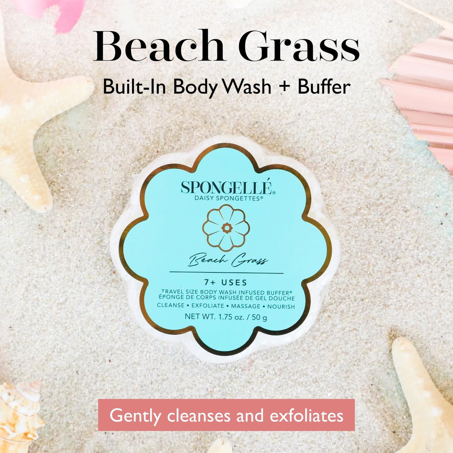 Spongellé Beach Grass Daisy Spongette Bath Sponge | Built-in Body Wash & Body Scrubber, Shower Loofah Sponge for Women, Travel Essentials | 7+ uses