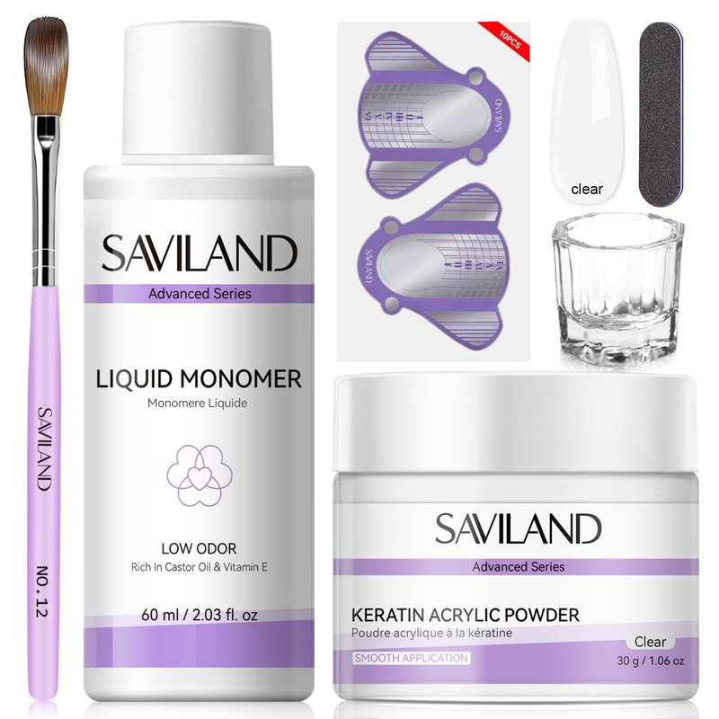 SAVILAND Acrylic Nail Kit for Beginners: 30g Clear Acrylic Powder and Liquid Set with #12 Nail Brush, Forms & Manicure Tools for Extensions DIY 3D Nail Art Sculpting Home Salon Use