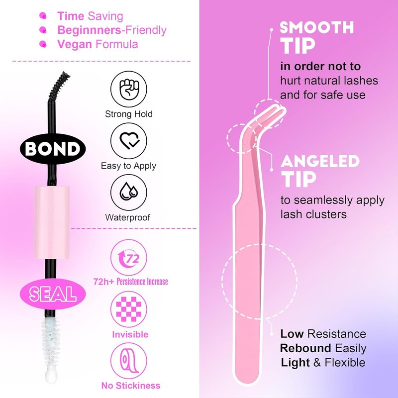 Lash Extension Kit - 280pcs Individual Lash Clusters 50D | 9-16mm with Bond, Seal & Tweezers for DIY Application