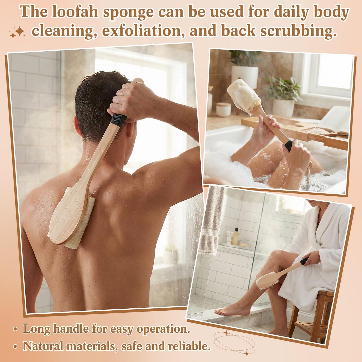 Zhehao 2 Pack Natural Loofah Back Scrubber with Long Handle for Men & Women, Non-Slip Grip, Hanging Rope, Gentle Exfoliating Shower Brush for Wet Use, Spa, Bath & Back Cleaning
