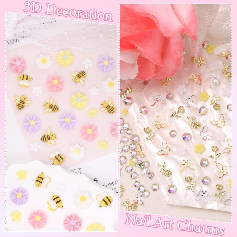 3D Flower Nail Charms, Cute Bee Daisy Flowers Charms for Acrylic Nails, Alloy Rose Butterfly Rivet Nail Charm and Rhinestones Gems for Nails Art Designs Accessories