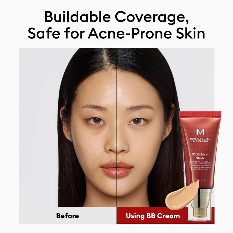 MISSHA M Perfect Cover BB Cream No.27 Honey Beige - Medium with Neutral/Warm Undertone SPF 42 PA +++ 1.69 Fl Oz - Tinted Moisturizer for face with SPF