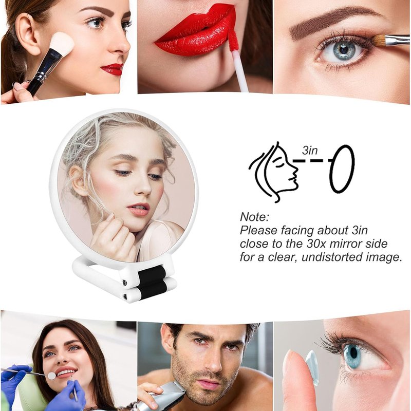 Sifolo 30x Magnifying Mirror - Double-Sided Handheld Travel Mirror with Adjustable Handle | Pearl White