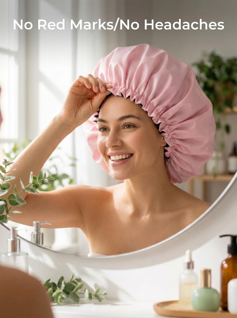 Aquior Shower Cap,Extra Adjustable Shower Caps for Women Double-Layer Waterproof Reusable Hair Cap, Large Size Hair Cap for All Hair,for Girls Spa Bath,Soft and Comfortable (Pink)