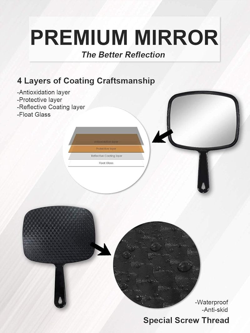 Handheld Barber Hairdressing Mirror - Large Square Design | Black | Pack of 3