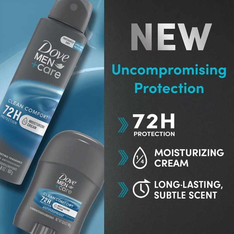 Dove Men+Care Dry Spray Antiperspirant for Men 4-Pack (3.8 Oz Ea) + Travel Deodorant Stick (0.5 Oz) – 72H Protection, Long-Lasting Clean Comfort Fragrance