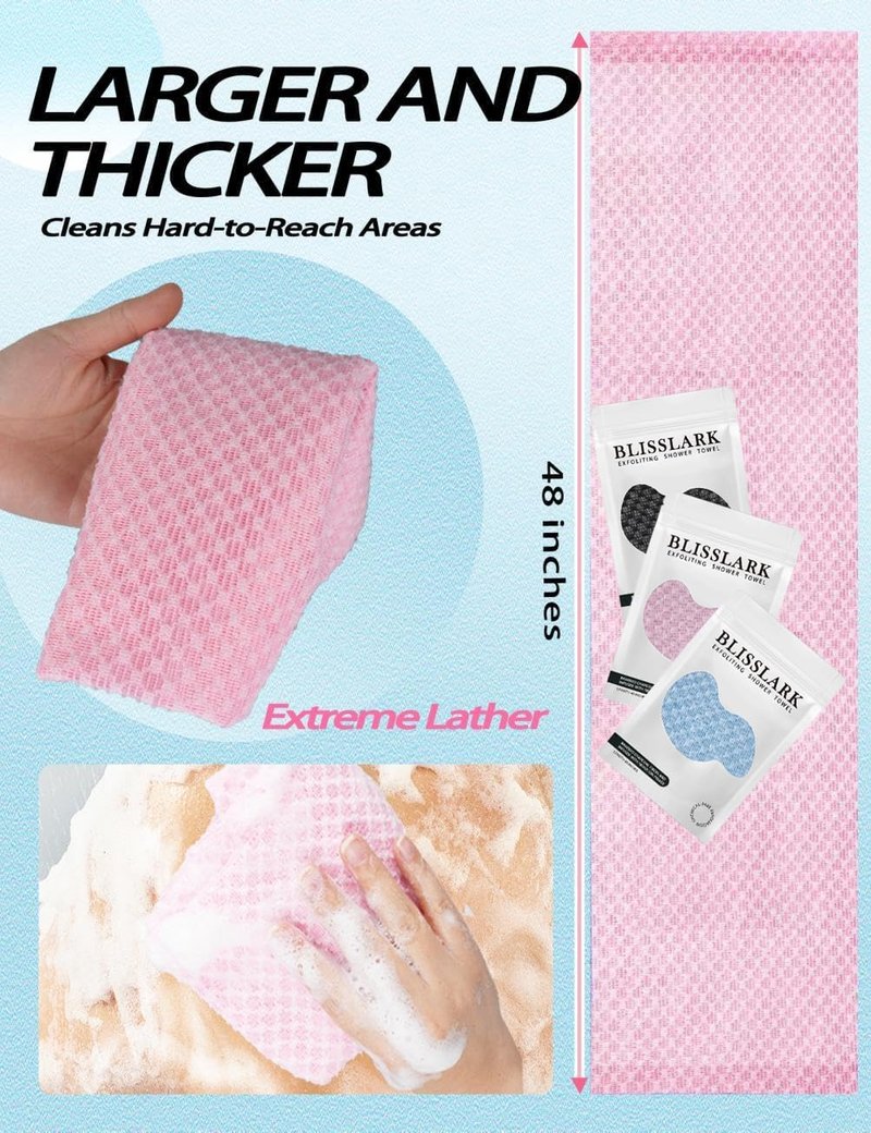 BLISSALRK Exfoliating Shower Towel 48",Premium Scrub Wash Cloth for Body Face, Exfoliating Washcloth for Men and Woman (1, Black+Pink)