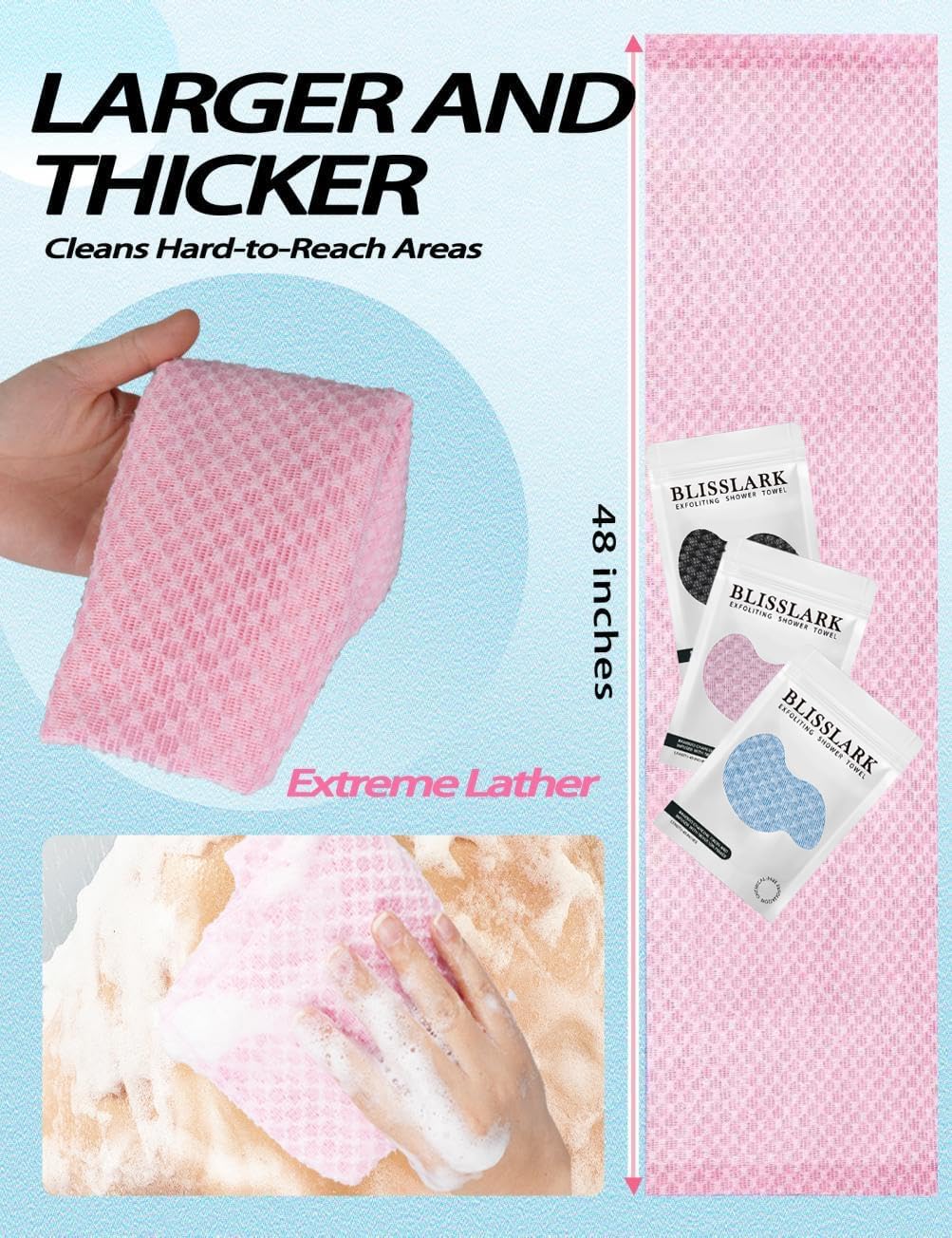 BLISSALRK Exfoliating Shower Towel 48",Premium Scrub Wash Cloth for Body Face, Exfoliating Washcloth for Men and Woman (1, Pink)