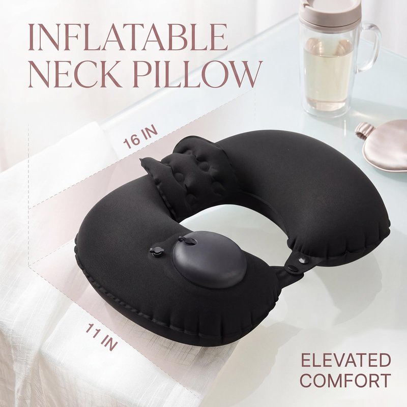 Colingmill 2 Pcs Inflatable Bath Pillows for Tub, U-Shaped Neck & Head Support Cushion, Portable Blow Up Travel Neck Pillow with Adjustable Button for Airplanes & Home Spa (Black)