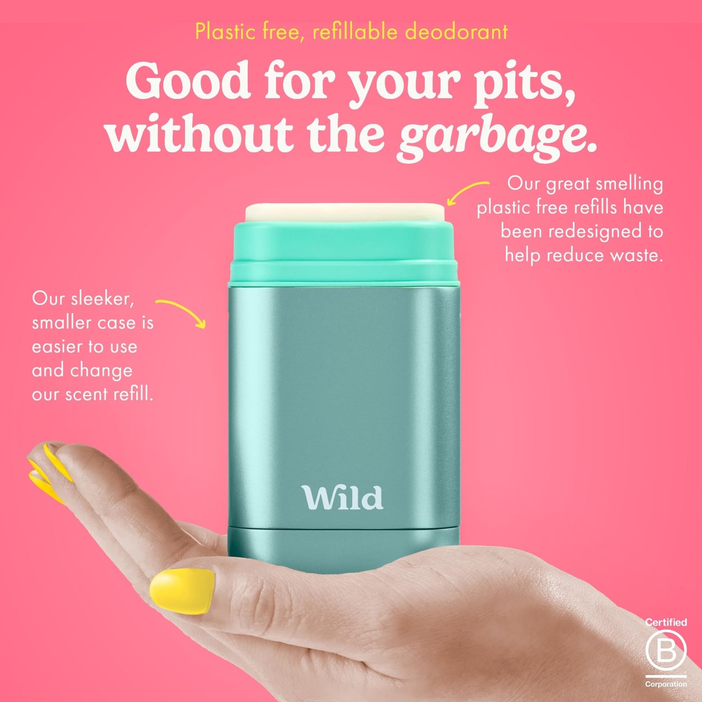 Wild Aluminum Free Deodorant for Men & Women Starter Kit - Refillable Stick Deodorant with Aqua Case and Pink Grapefruit & Lime Scented Refill (1.4oz) - Long Lasting Protection - Vegan Friendly