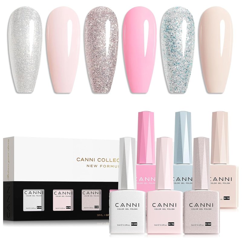 CANNI 9ml Gel Nail Polish Set, 6 Colors HEMA-Free Pink Glitter Nude Manicure Kit, Long-Lasting Gel Polish for Salon & DIY Use