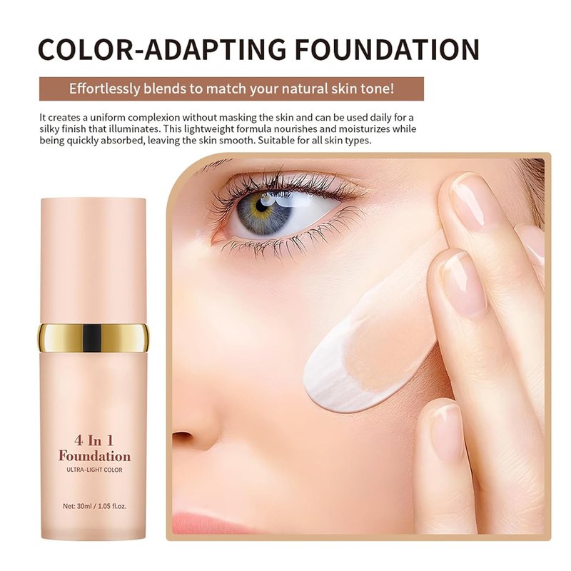 4-in-1 Color Changing Foundation - Auto-Adjusting SPF 30 Liquid Makeup for Medium Coverage | Natural Matte Finish (Light)