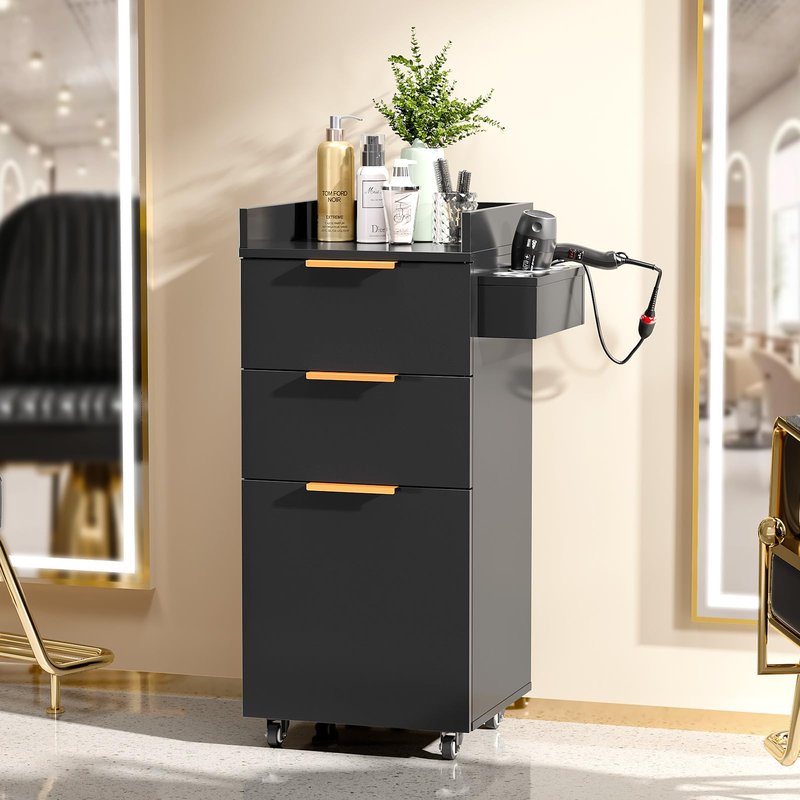 OmySalon Salon Cart with Wheels, 3-Tier Rolling Hair Styling Station, 2 Drawers & Adjustable Shelf, Hair Dryer Holder, Mobile Organizer for Salon, Barber, Spa, Nail & Beauty Tools, Black