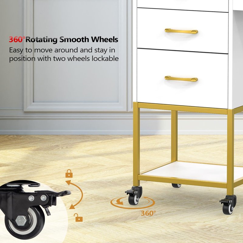 OmySalon Salon Storage Trolley Cart, White Gold Salon Station for Stylist, Beauty Wooden Hair Cabinet with Dryer Holder & Drawer, Hairdressing Tools Organizer Equipment for Spa Barbershop