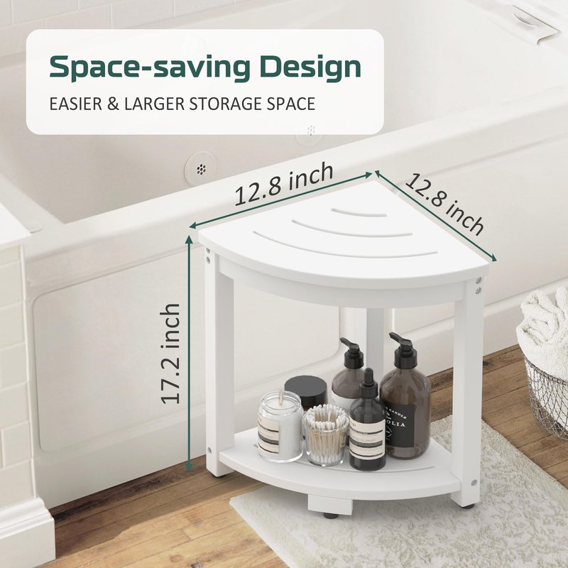 BEKVEM Waterproof Corner Shower Stool for Inside Shower, Poly Lumber Shower Bench Seat Chair, Bath Shower Stool for Shaving Legs Foot Rest with Storage Shelf, Adjustable & Non-Slip Feet, White
