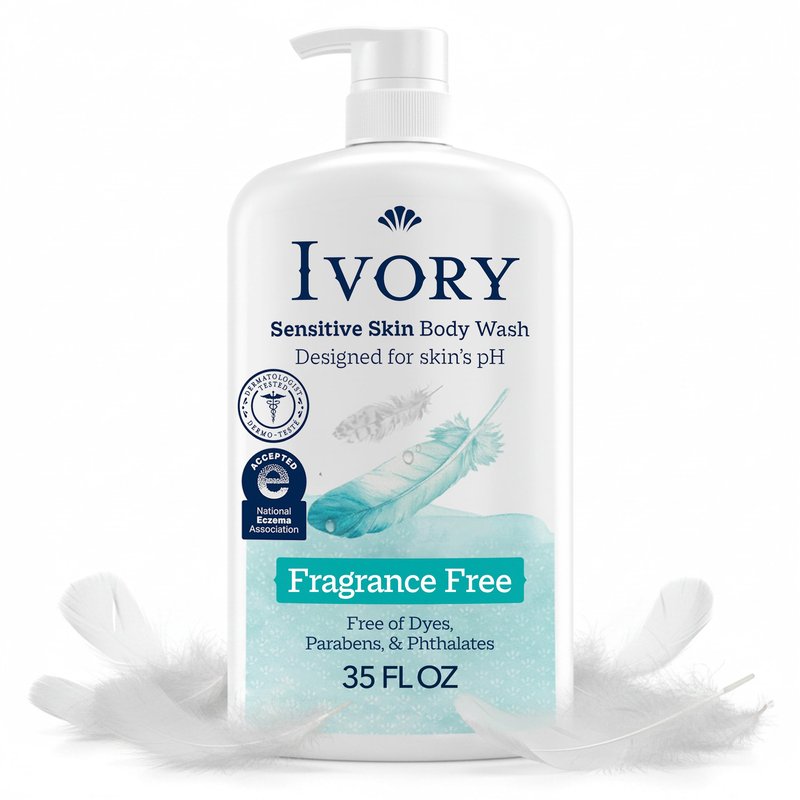 Ivory Body Wash, Designed for the Whole Family, Gentle Formula, Free of Dyes Heavy Perfumes Parabens Phthalates & Silicones, Designed for Skin's pH, Fragrance-Free, 35 oz