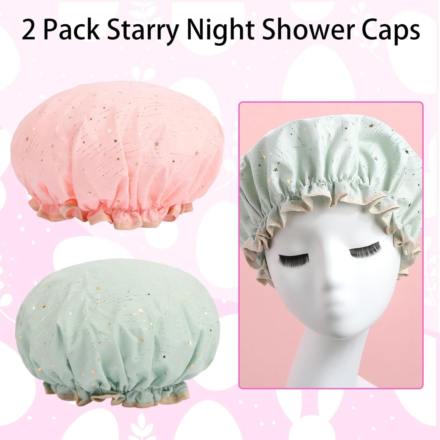 Skiennix Starry Night Shower Caps - Premium Reusable Waterproof Hair Protection | 2 Pack (Pink & Green)