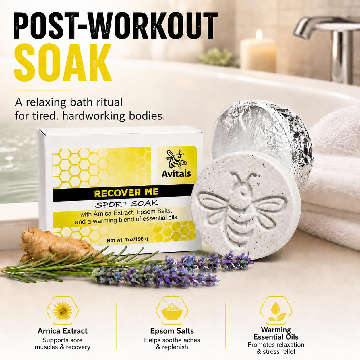 Muscle Recovery Bath Bombs – Arnica, Epsom Salt & Essential Oil Bath Soak for Sore Muscles, Post-Workout Relaxation, Handmade Natural Bath Bombs, 2 Pack