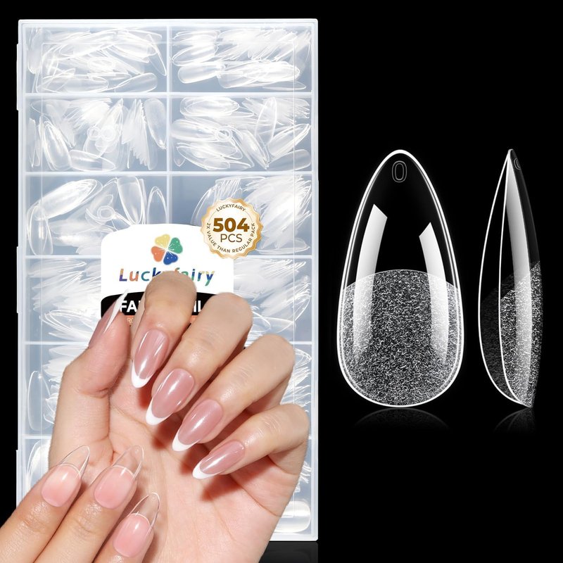 Luckyfairy Medium Almond Nail Tips, 504pcs Soft Gel Pre-Filed Acrylic Almond Fake Nails, Half Matte Full Cover Clear Press on Flase Nail Tips for Nail Extension Home DIY 12 Sizes