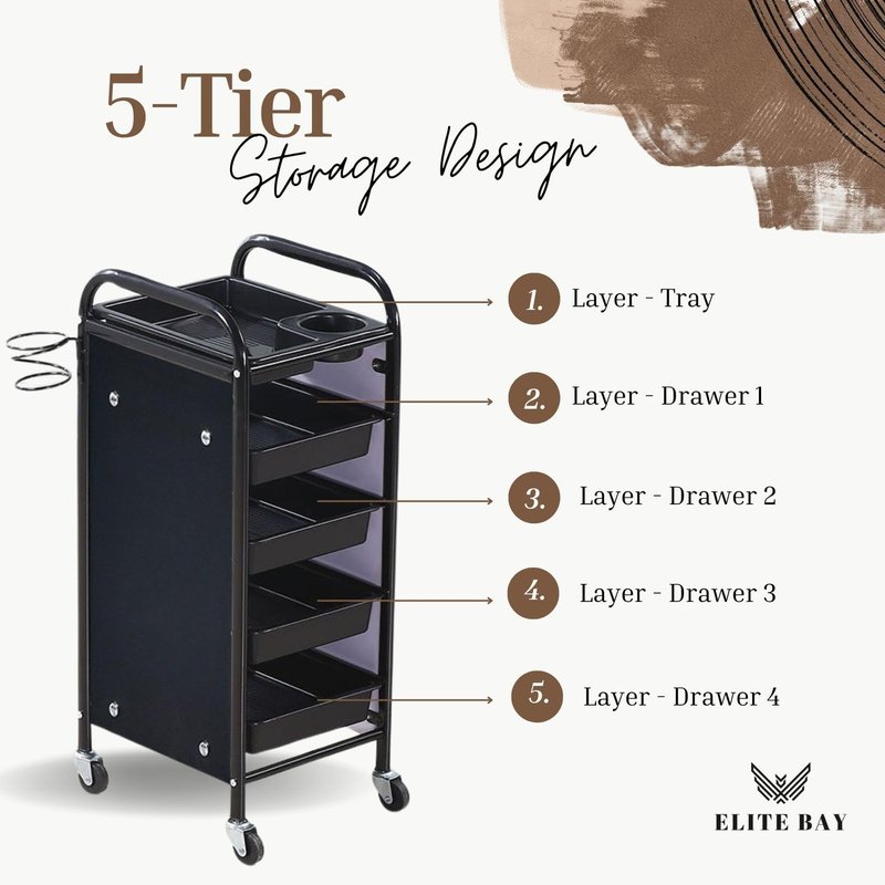 ELITE BAY-Hairdressing Trolley- Metal Salon Rolling Cart Organizer.Durable Beauty Storage Unit with Wheels.Multi-Tier Tray System for Hair Tools, Makeup & Spa Essentials.Black & Gold Finish