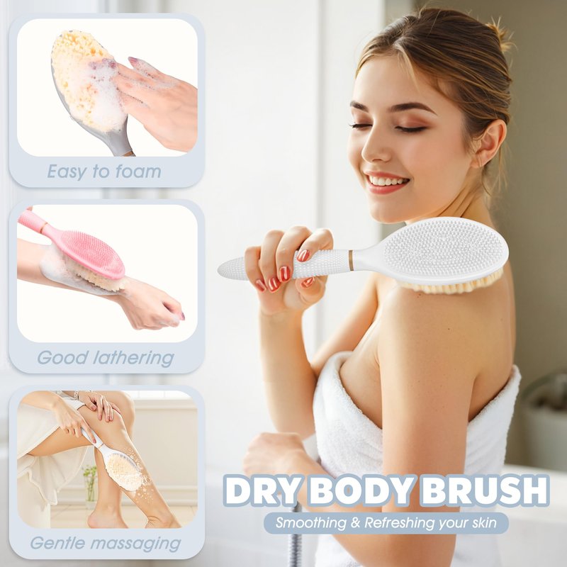 GEENOA New Back Scrubber Anti-Slip for Shower, 18.9‘’ Adjustable Shower Back Scrubber with Dual-Side Head & Soft Bristles, Extra-Long Shower Brush Bath Brush for Lathering Cleansing(White-L)