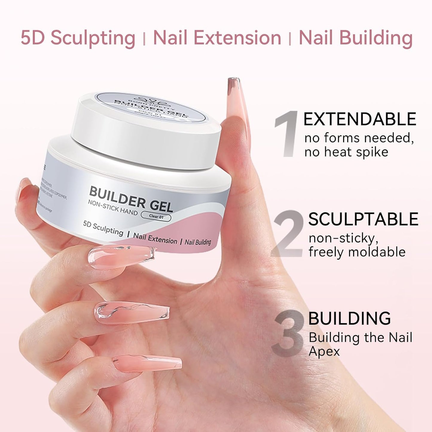 Solid Hard Builder Gel for Nails - 60g Professional 3D Sculpting & Extension Gel with Sequins & Chrome Powder | Non-Sticky Soak Off Formula