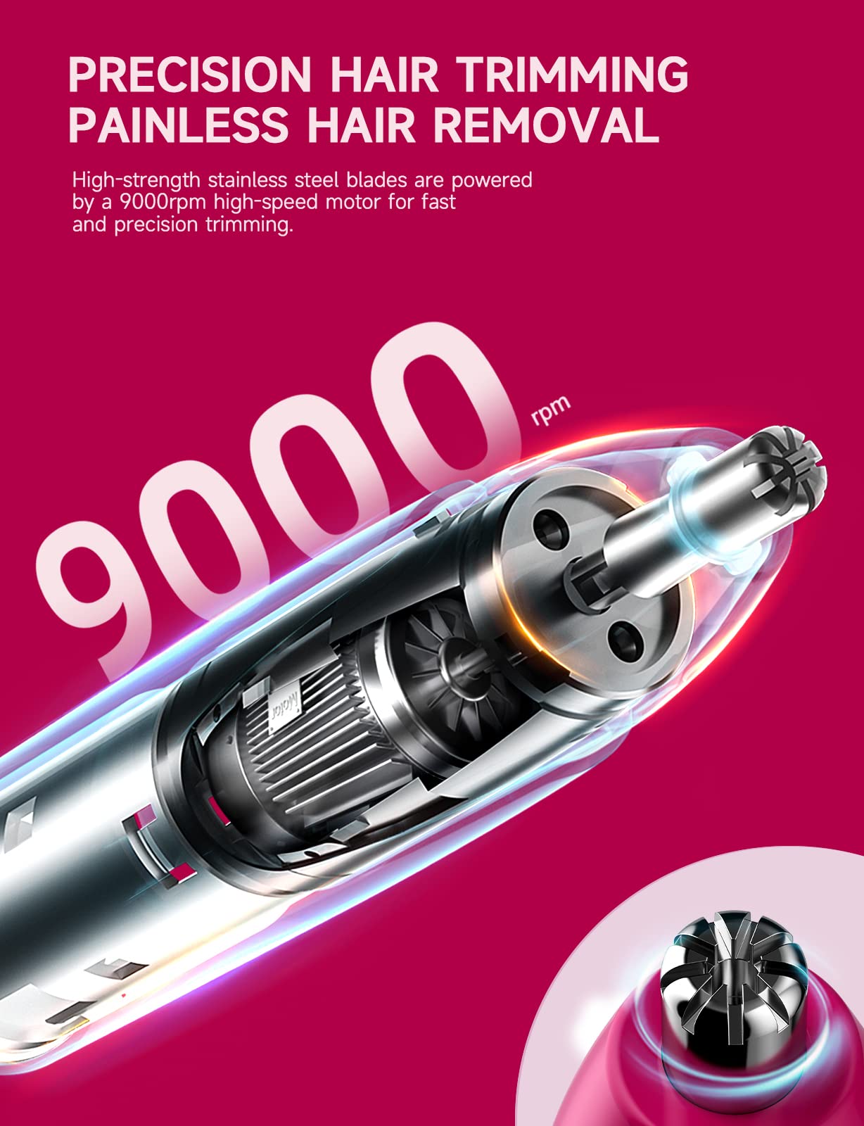 ZORAMI Rechargeable Ear and Nose Hair Trimmer - 2026 Professional Painless Eyebrow & Facial Hair Trimmer for Men Women, Powerful Motor and Dual-Edge Blades for Smoother Cutting Magenta