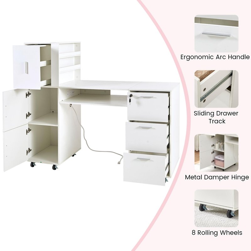 DUDUSHIMAN Manicure Table Nail Desk for Nail tech, 56 Inch Beauty Nail Table w/3 Cabinet+3 Drawers+3 Layers Open Cabinet+1 Open Drawer + 1 Power Outlet for Professional Salon Manicure Workstation