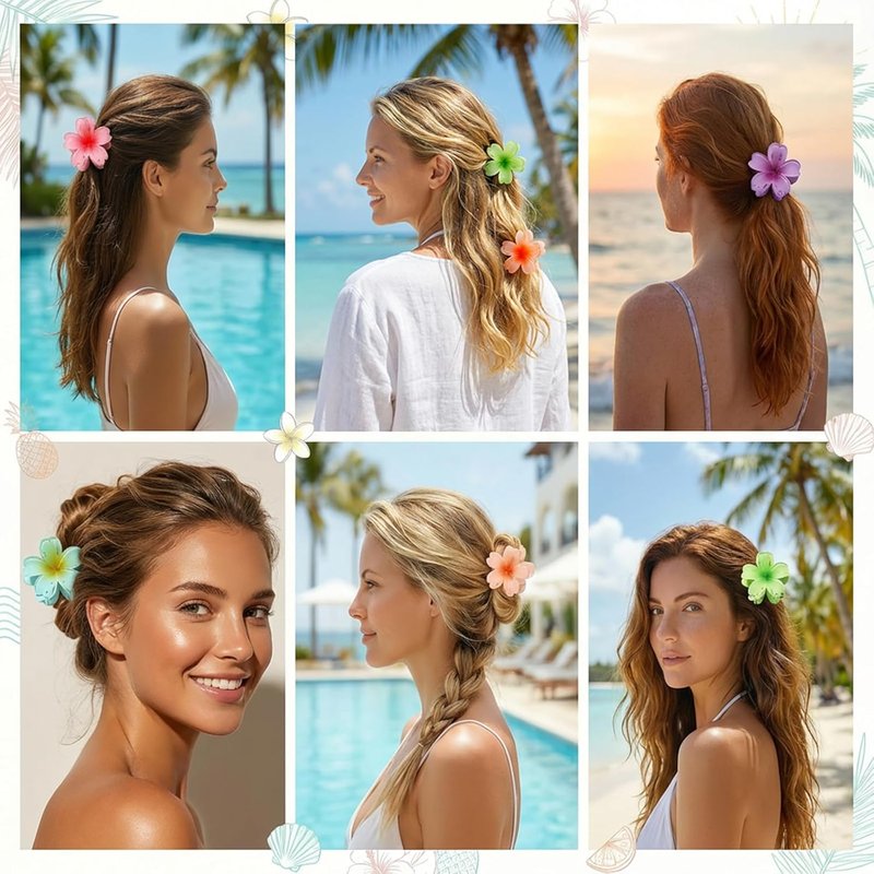 Flower Hair Claw Clips - 6 Pcs Hawaiian Style for Thick & Curly Hair | Strong Hold, Non-Slip Beach Accessories