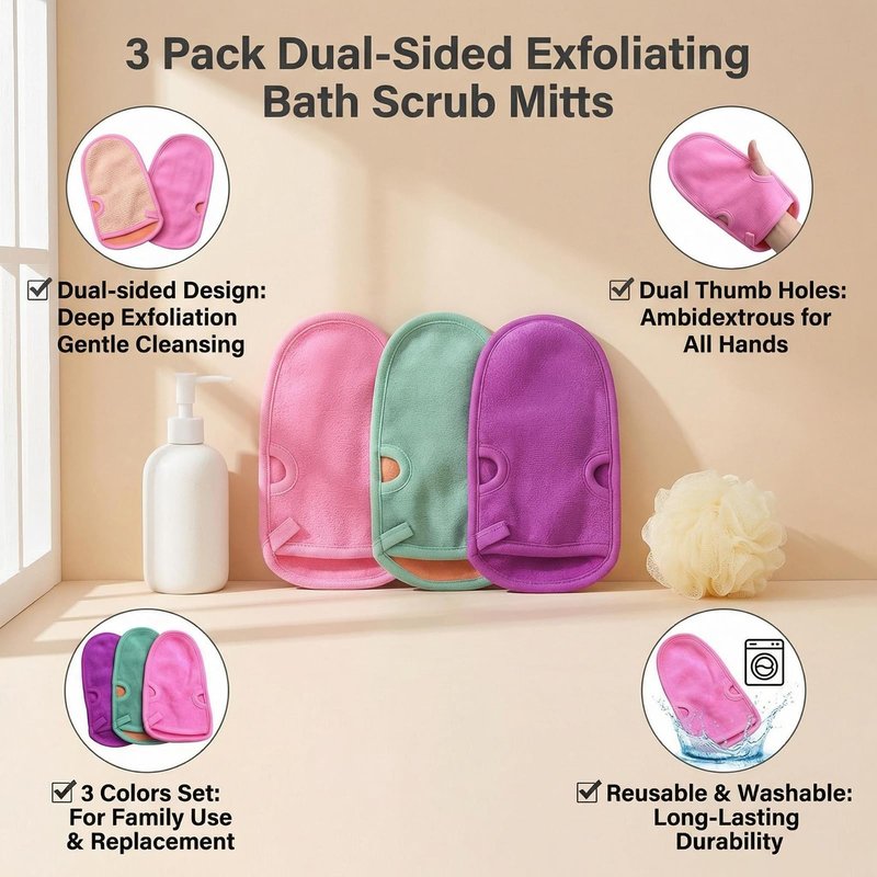 Erioctry 3PCS Reusable Bathing Shower Mittens Soft Back Rubbing Gloves Exfoliating Body Wash Massage Spa Mitt for Adult and Kids Family (Color Random)