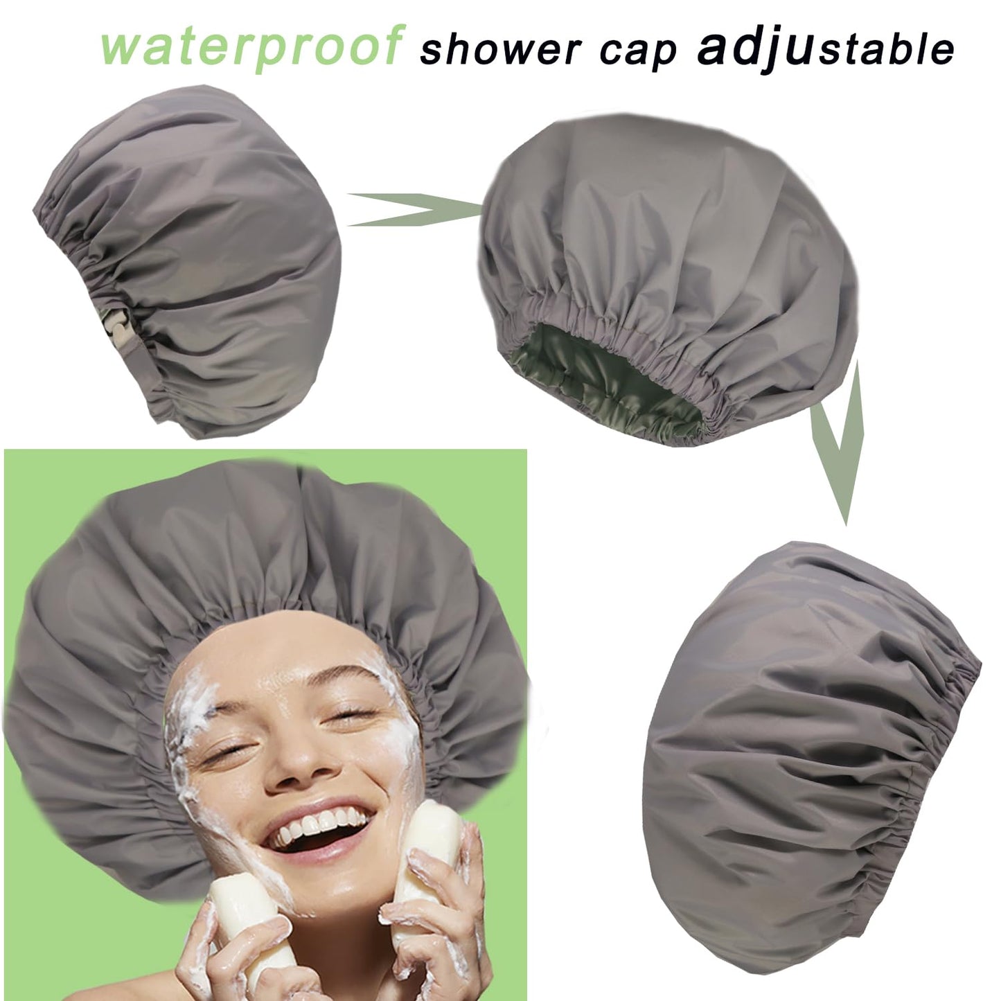 Genergy 2pcs Shower Cap for Women,Including Travel bag and Satin Scrunchy. Frizz-Free Silky Liner, Waterproof Reusable Large Bath Cap for Short and Long Thick Hair, Soft Adjustable Elastic, Non-slip.