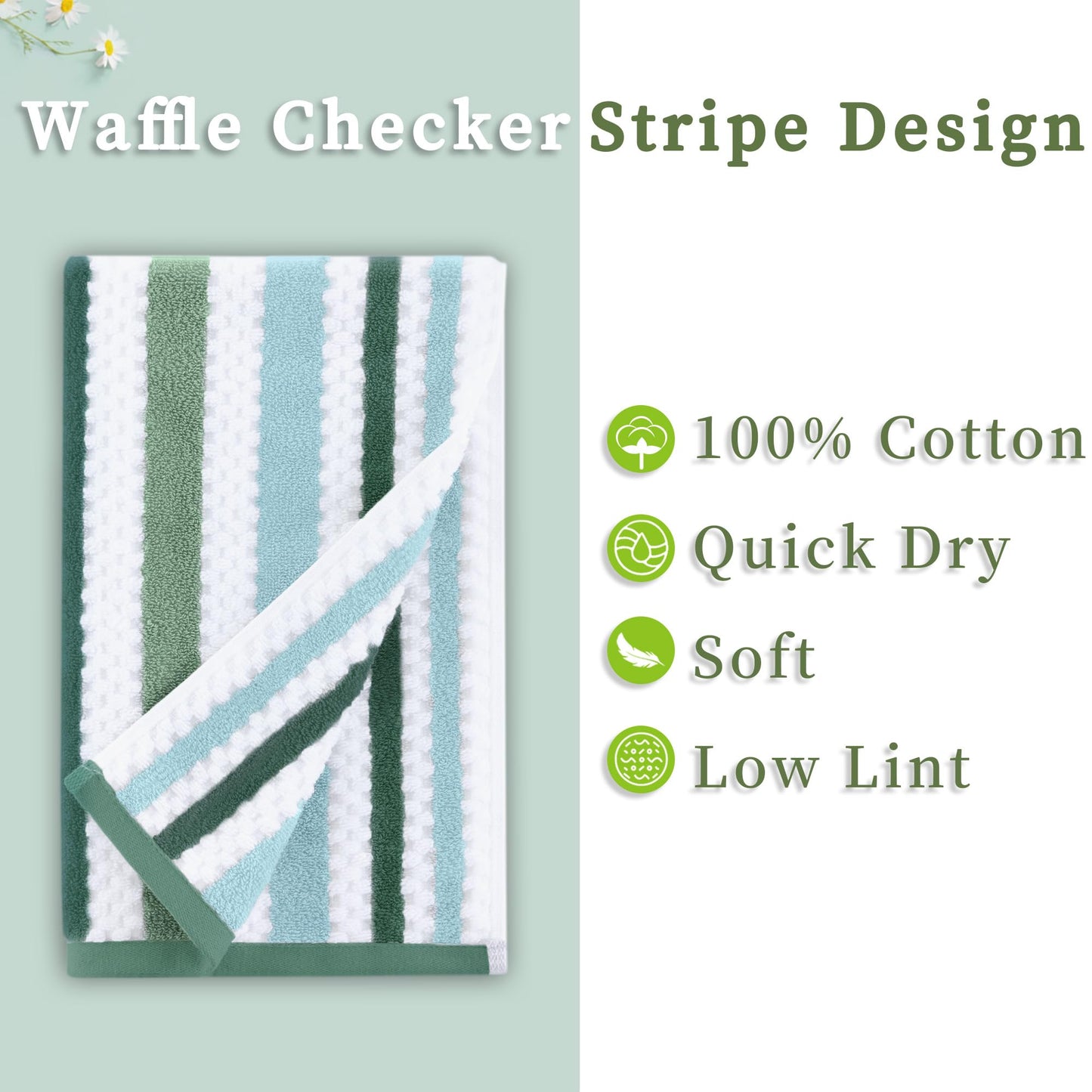 Waffle Hand Towels for Bathroom, Hand Towel Set of 4, 16"x27" - 100% Cotton | Quick Dry | Thick | Soft | Absorb | Lightweight, Striped Bathroom Hand Towels Decorative Set, Green Stripe + White Checker