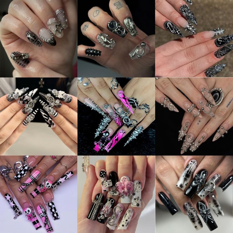 Skiennix 3D Punk Nail Art Charms - 12 Grids of Silver Alloy Rivets & Rhinestones for DIY Acrylic Nails