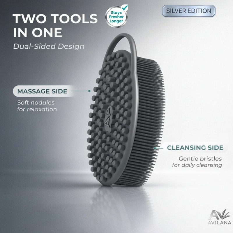 Avilana Premium Back Scrubber Long Handle 19 Inch - Trusted Since 2017 - SGS Certified Silicone Bath Brush, Dual Sided Exfoliating Body Brush Extended Reach Back Washer Women Men Seniors Gift