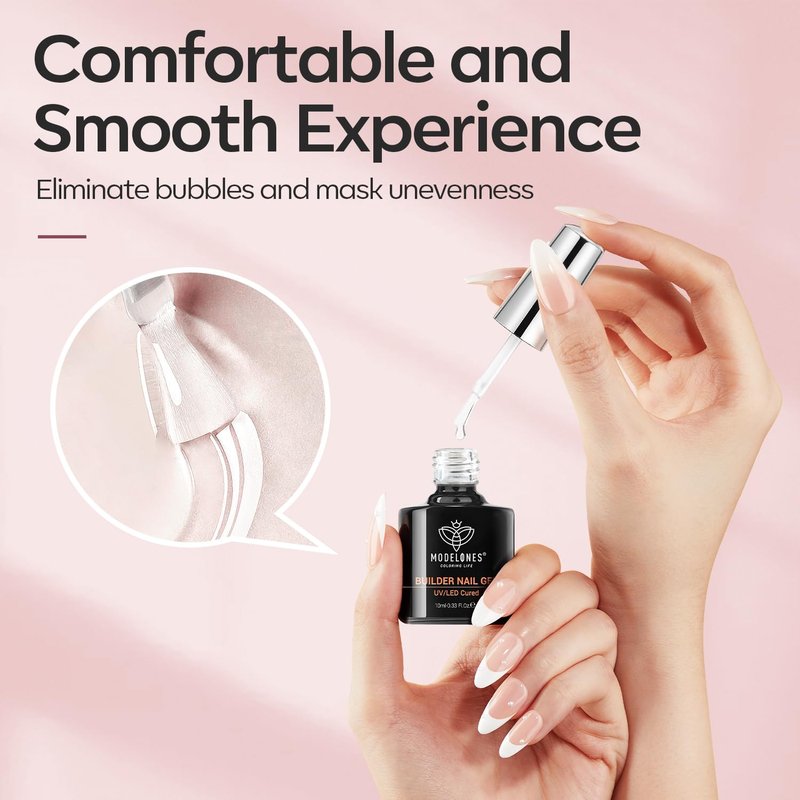 modelones Base Coat Builder Nail Gel, 2 Pcs Clear and Cover Nude Builder Nail Polish, 8-in-One Apex Building Thickening Strengthener Extension Rubber Color for DIY Home Salon Gifts LED Lamp Cured 10ml