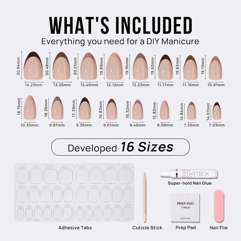 Press On Nails - Short Almond French Tip Design | Reusable Gel Nail Kit with Natural Glue - 32 Pieces in Morning Coffee