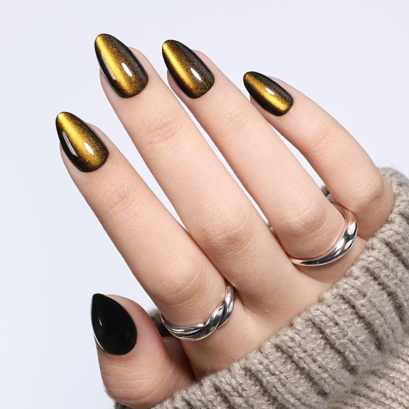 Gold Cat Eye Press On Nails Almond - Short Almond Fake Nails with Nail Glue, Gold Cateye Press On Nails Reusable Stick On Nails in 16 Sizes 32 Nail Kit for Women & Girls | Salon Quality