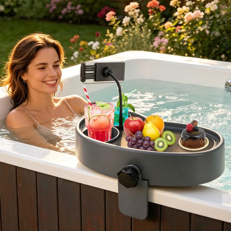 Hot Tub Table Tray with Adjustable Phone Holder, Nonslip Bathtub Table Tray, Between 2.4-7.4" Hot Tub Accessories for Adults with 2 Cup Holders, Clip-on Pool Side Table for Above Ground Bathtub (Gray)