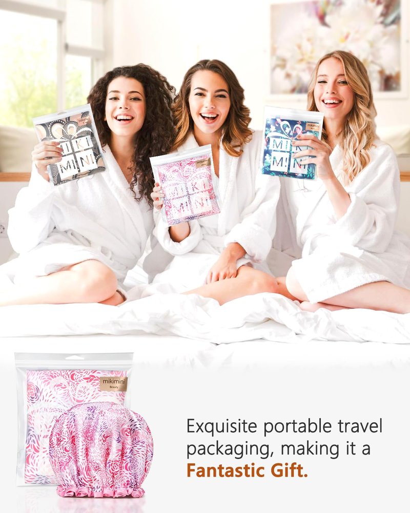 mikimini Large Shower Cap for Women Long Hair, 1 Pack,Romantic Petal Design, Double Layer Waterproof, Reusable, Washable, High-quality, Floral Print
