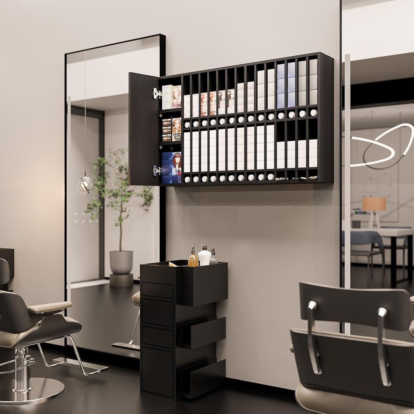 Wall Mounted Salon Station - Hair Color Rack Organizer with Adjustable Shelves | Black