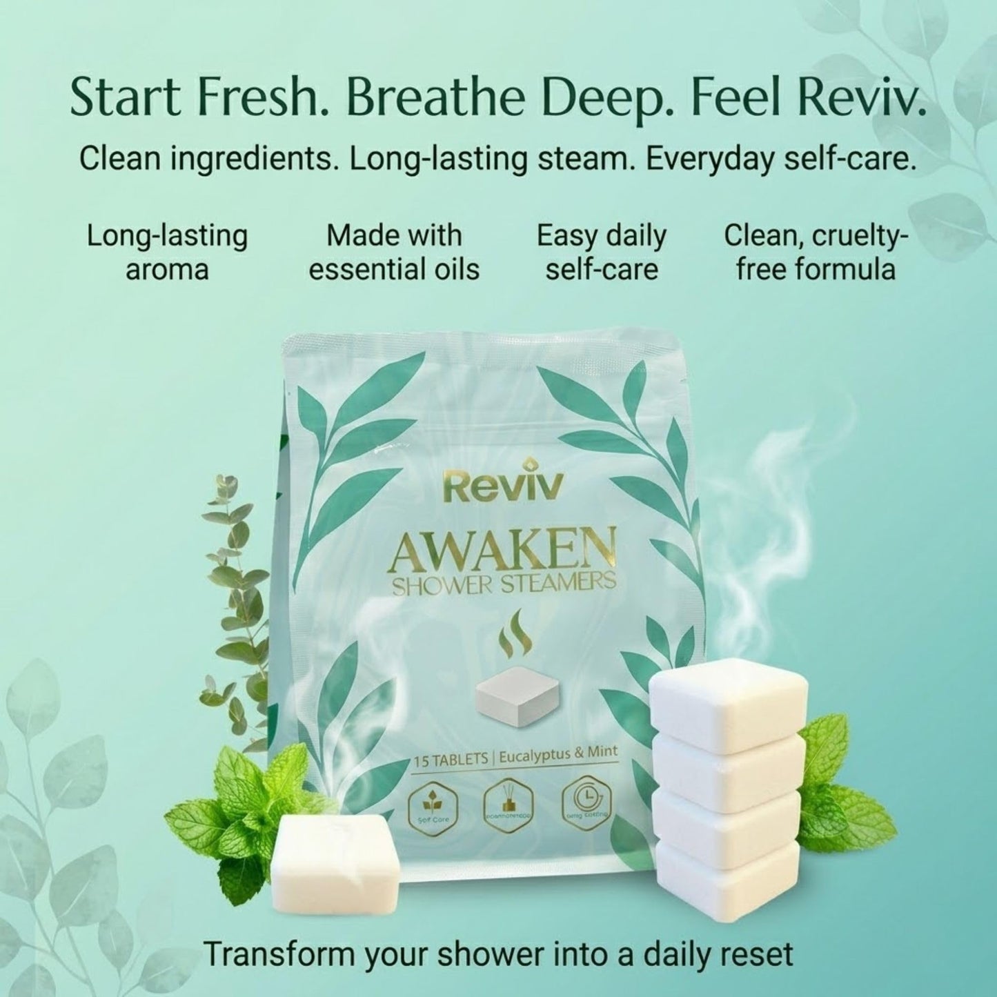 REVIV Shower Steamers Aromatherapy 15 Long-Lasting Eucalyptus & Mint Shower Bombs for Stress Relief and Sinus Support Self Care Spa Gifts for Women & Men
