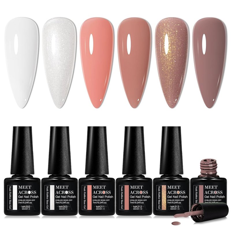 Nail Builder Gel Set - 8Pcs Nude Pink & Brown Rubber Base Polish | Long-Lasting Soak Off Strengthener