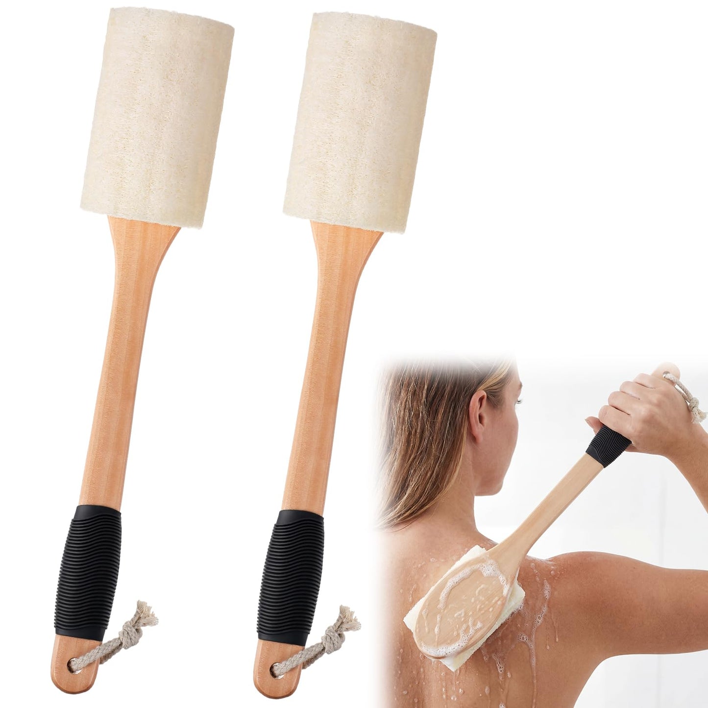 Zhehao 2 Pack Natural Loofah Back Scrubber with Long Handle for Men & Women, Non-Slip Grip, Hanging Rope, Gentle Exfoliating Shower Brush for Wet Use, Spa, Bath & Back Cleaning
