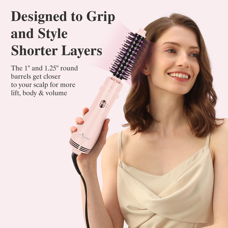 Aima Beauty Blow Dryer Brush Set - 4-in-1 Round Brush Blow Dryer Adds Shine, Smooth, Curl & Volume for Short to Medium Hair, Interchangeable 1” & 1.25” Round Barrel, Ionic Frizz Control, Pink