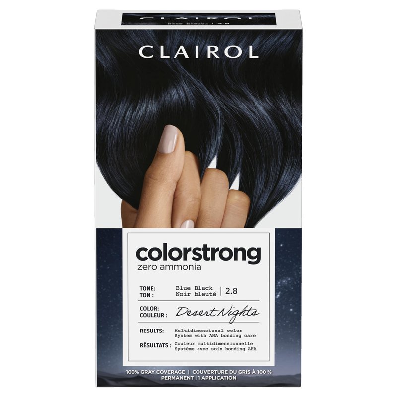 Clairol ColorStrong Permanent Hair Dye, Ammonia‑Free, PPD‑Free, 100% Gray Coverage with Bonding System, 2.8 Blue Black - Desert Nights Hair Color, Pack of 1