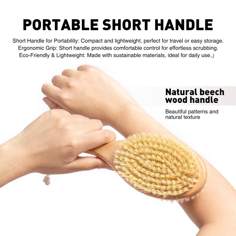 Short-Handle Dual-Sided Bath Massage Brush, Soft Boar & Firm Sisal Bristles, Portable (Natural Beech Wood)