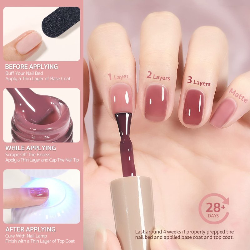 Rose Garden Jelly Gel Nail Polish Set - 6 Transparent Nude & Red Shades | DIY Manicure Kit for Salon Quality Nails