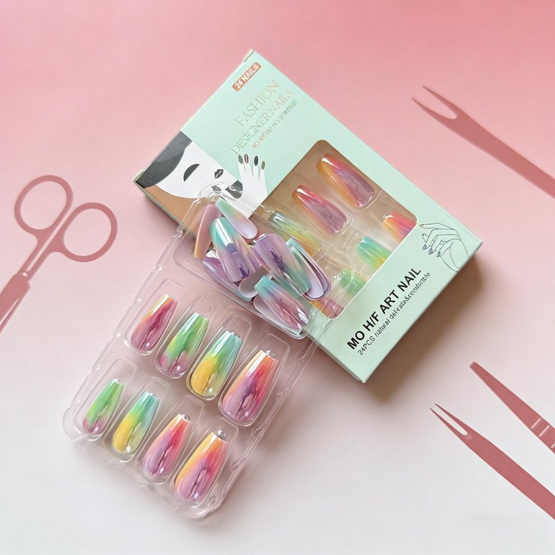 Chrome Press on Nails Medium Coffin Fake Nails Dreamy Rainbow Aurora False Nails Laser Glossy Full Cover Stick on Nail Reusable Artificial Glue on Nails for Women Manicure 24Pcs