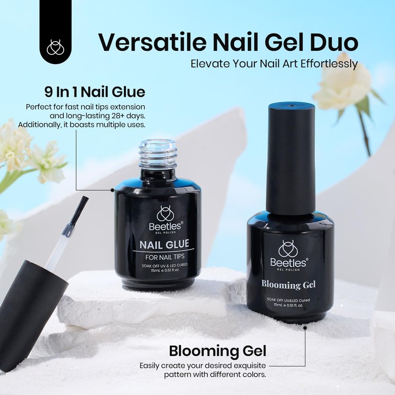 Beetles Nail Glue and Blooming Gel Set - 15ml 2Pcs Nail Art Gel for Blooming Aura Nails Marble Effects and Strong Nail Tips Bonding, Nail Supplies for Salon or DIY Manicure at Home